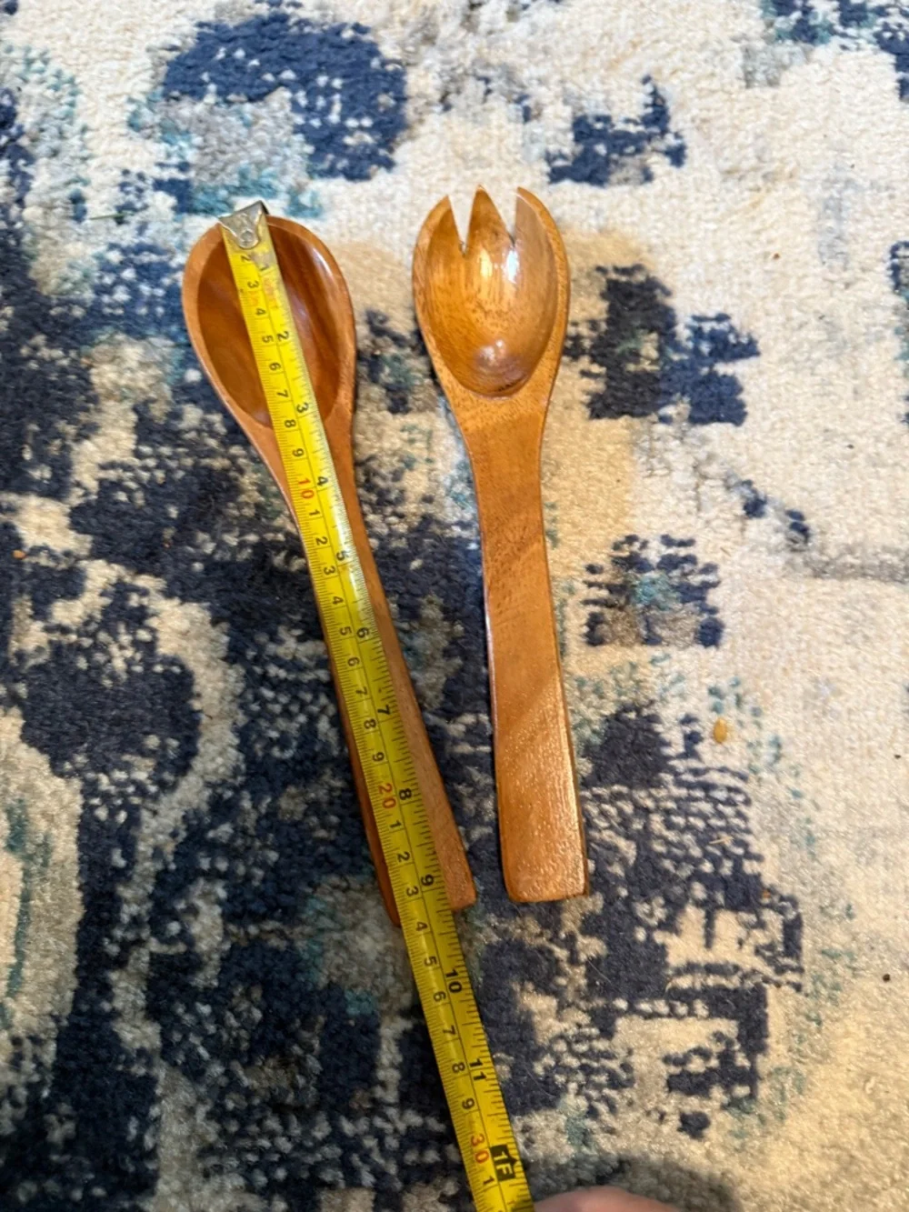 Vintage MCM 9inch Wooden Salad Serving Spoon and Fork Set - Brown